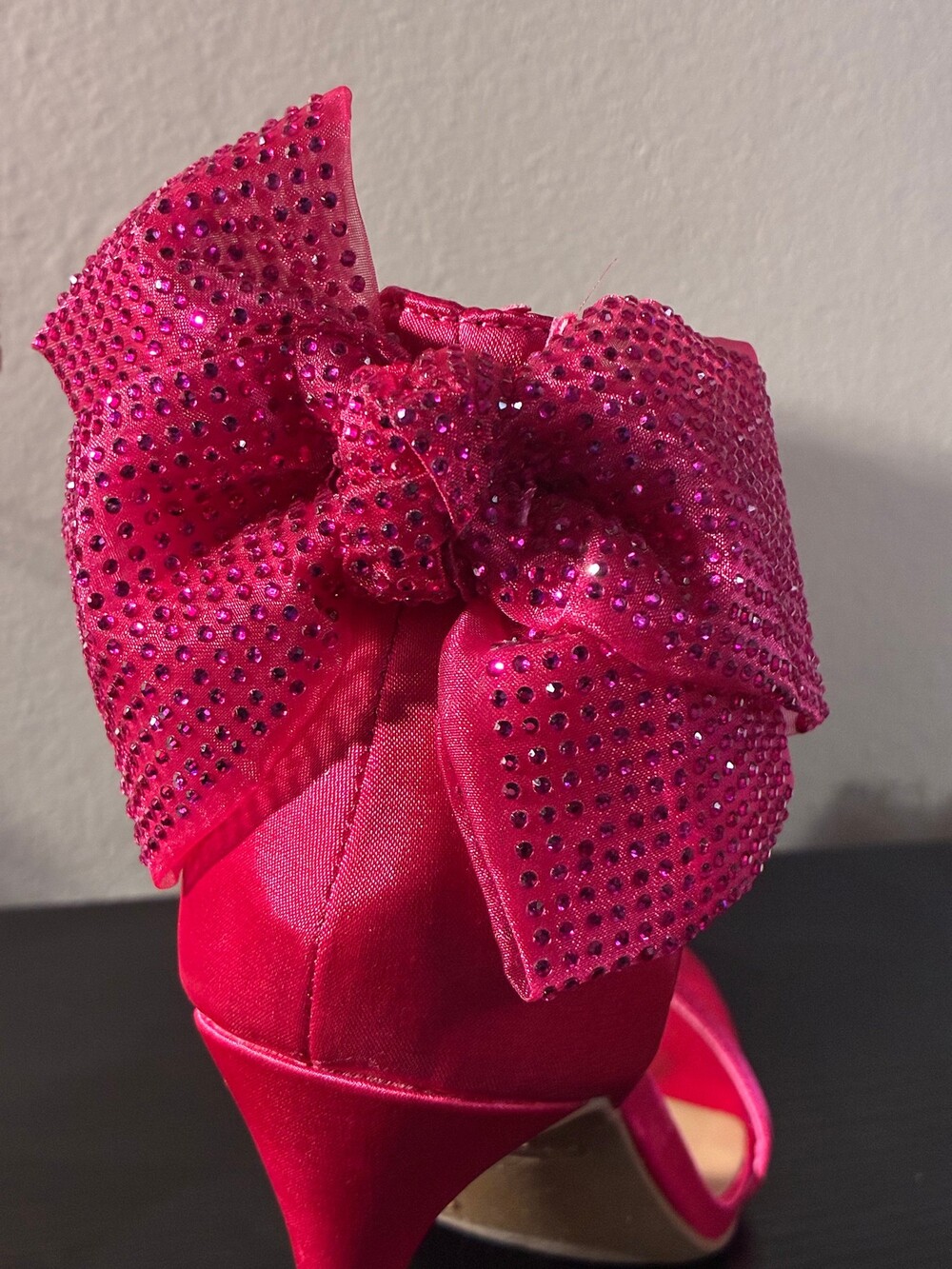 Anne Michelle Hot Pink Satin Rhinestone Bow Stiletto Heels Ankle Strap Coquette